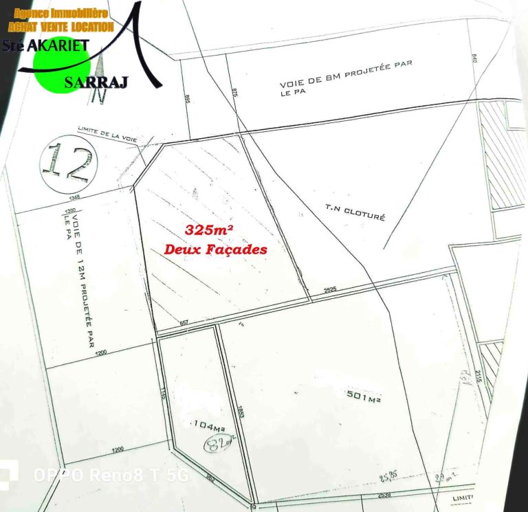 Terrain approuv&eacute; 325m deux fa&ccedil;ades &agrave; kalaa seghira