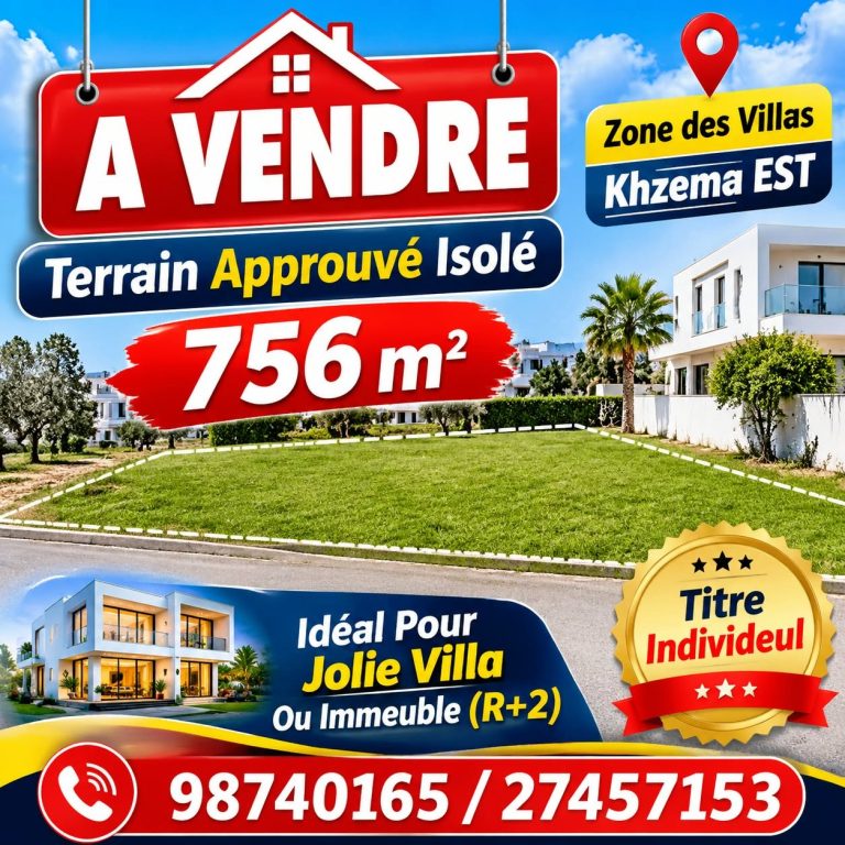 Terrain approuv&eacute; isol&eacute; 756m zone des villas khzema
